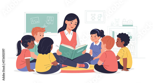 Teacher reads to diverse group of children in classroom