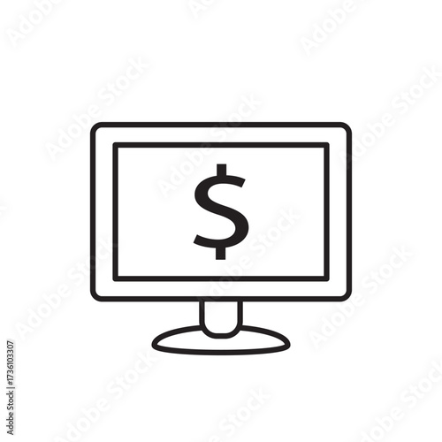 Line icon of a monitor with a dollar sign, symbolizing online earnings. Ideal for illustrating digital income, e-commerce profits, internet business, and financial technology in websites and apps.