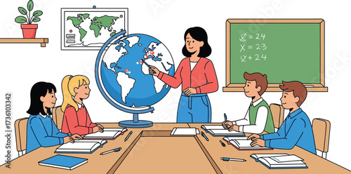 Teacher explains geography to students using a globe in class