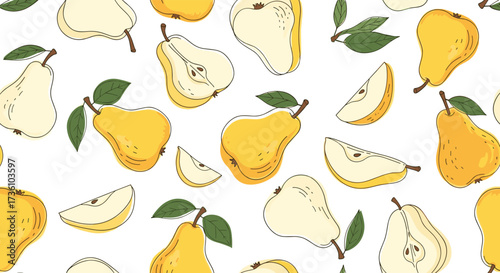 A seamless pattern of ripe yellow pears whole and sliced with green leaves for a fresh fruity design.