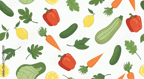 A vibrant arrangement of fresh organic vegetables and fruits creates a healthy and colorful pattern.