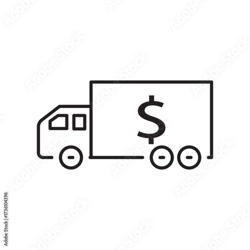 Minimalist line icon of a truck with a dollar sign, symbolizing profitable delivery. Ideal for illustrating shipping revenue, freight economics, transportation profit, and supply chain success.