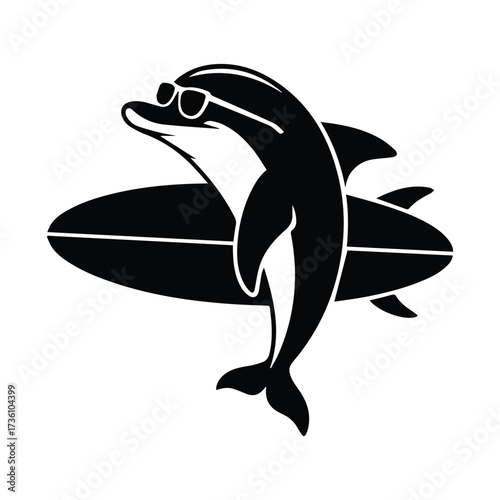 Cool dolphin wearing sunglasses surfing on a surfboard aquatic animal beach summer ocean fun silhouette