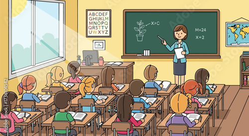 Teacher instructs students in classroom with blackboard lesson
