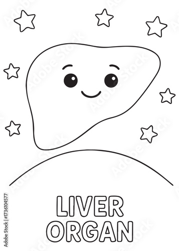 coloring book liver organ standing on hill with stars, anatomy cartoon for kids