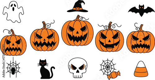 Halloween themed icons with pumpkins ghost and black cat