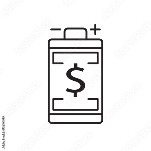 Line icon of a battery with a dollar sign and plus minus symbols, symbolizing energy profit. Ideal for illustrating renewable earnings, power investments, financial efficiency, and economic energy.