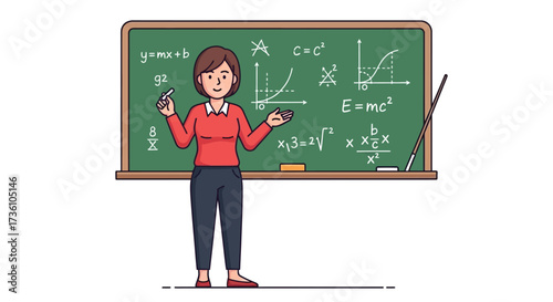 Teacher explains math formulas on chalkboard in classroom