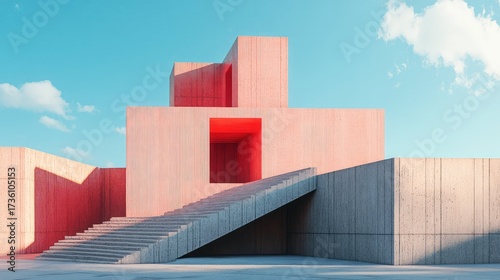 Minimalist architecture with concrete walls and stairs reaching blue sky