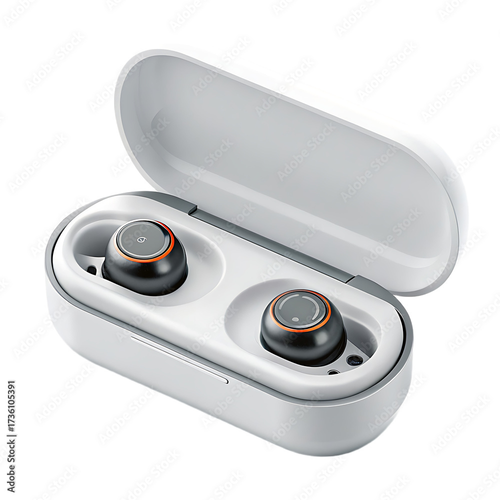 Fototapeta premium A close up of wireless earbuds inside an open white charging case on a black background studio shot