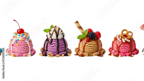 Ice cream scoop ball on transparent background cutout, top view. PNG file. Many assorted different flavour Mockup template for artwork design.	