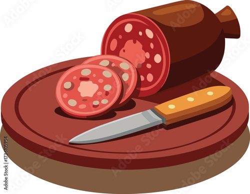 Sausage sliced on a cutting board with a knife ready for preparation