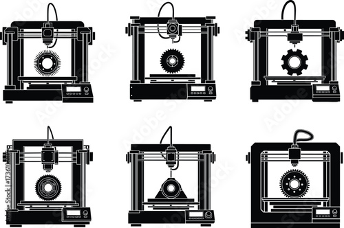 3D printer silhouette, additive manufacturing, industrial technology, black vector, printing machine, innovation, digital production, prototype design