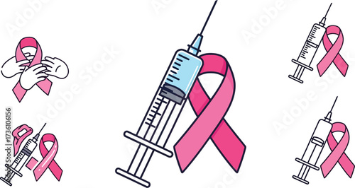 Pink ribbon and syringe icons for breast cancer awareness