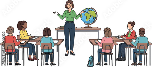Teacher explains geography with globe to diverse students