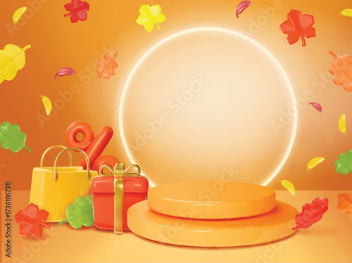 Autumn sale podium with falling leaves and orange background of falling leaves. Gift boxes and shopping bag with percentage sign. 3d cartoon discount promo stage