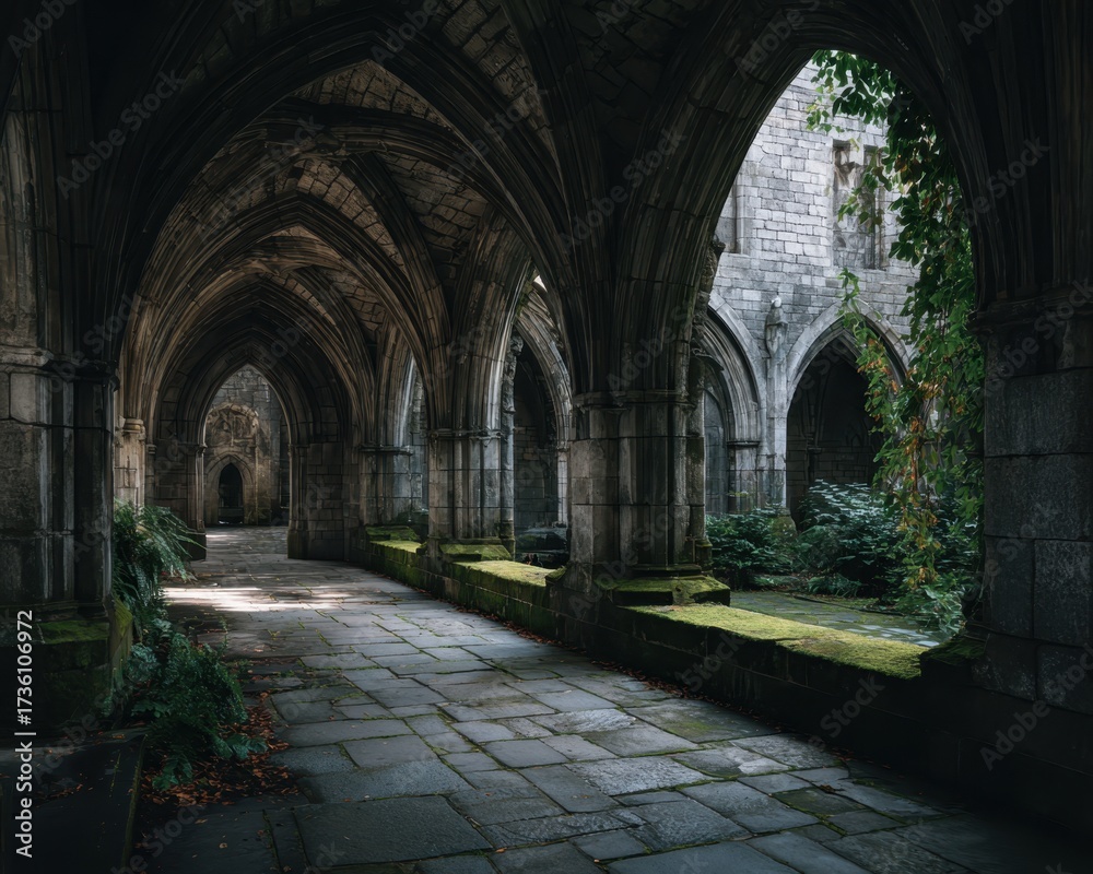 Fototapeta premium Abandoned Gothic Architecture with Lush Greenery in an Enchanted Old Courtyard