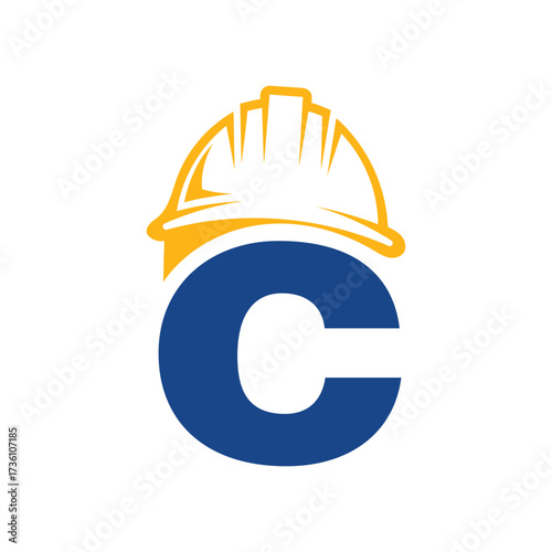 Construction company logo with c letter and yellow hard hat