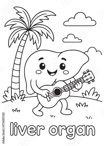 coloring book liver organ playing guitar near palm tree, anatomy cartoon for kids