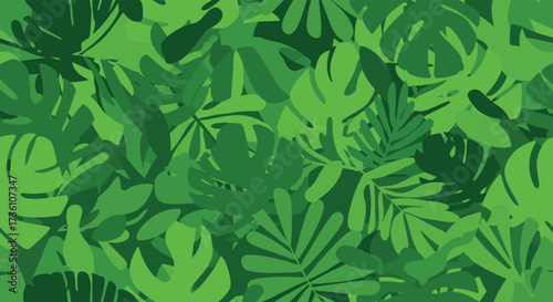 A vibrant tapestry of lush green tropical foliage creating a natural jungle background.
