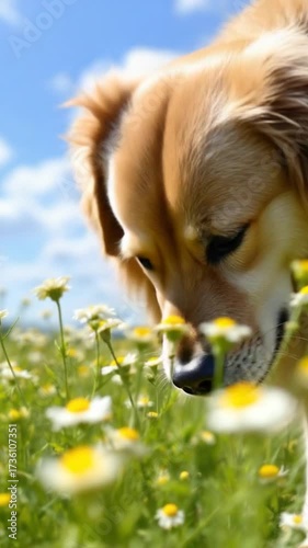 Golden retriever dog exploring wildflowers outdoors on a sunny day