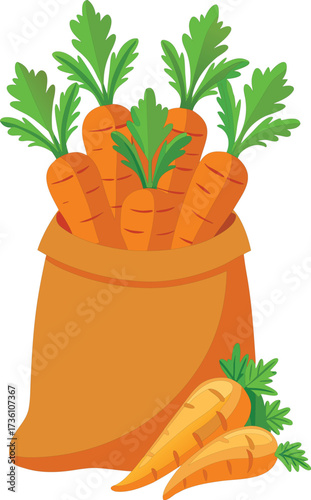 Fresh carrots in a burlap sack with greens