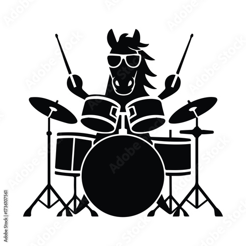 Cool horse musician playing drum set rock band beat animal character funny party silhouette