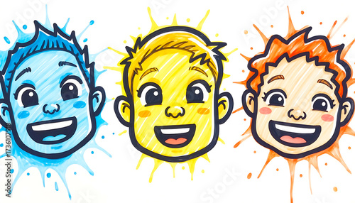 Colorful hand-drawn cartoon faces of three smiling boys, each with a unique vibrant splash surrounding their joyful expression, symbolizing childhood happiness.
