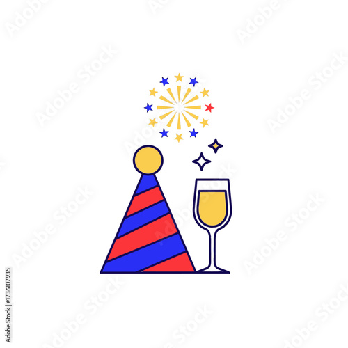 A festive illustration featuring a striped party hat with a yellow pom-pom, a champagne flute filled with bubbly liquid, and a small burst of fireworks.