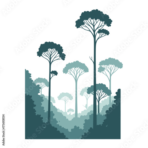 A serene illustration of a forest landscape, featuring tall trees and lush foliage in shades of green.