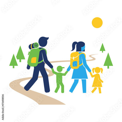 Family hiking together on a trail in nature with backpacks.