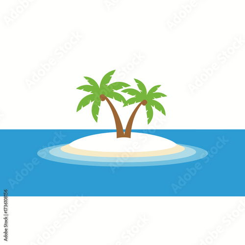 A simple vector illustration of a small tropical island with two palm trees in the middle of the blue ocean.