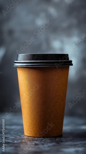A close-up of a coffee cup with a black lid against a textured gray background