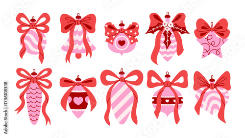 Coquette Christmas Ornaments with Bows Set. Playful holiday pink decoration collection. Various bauble shapes with red curly ribbons. Playful vintage decor. Flat vector illustration