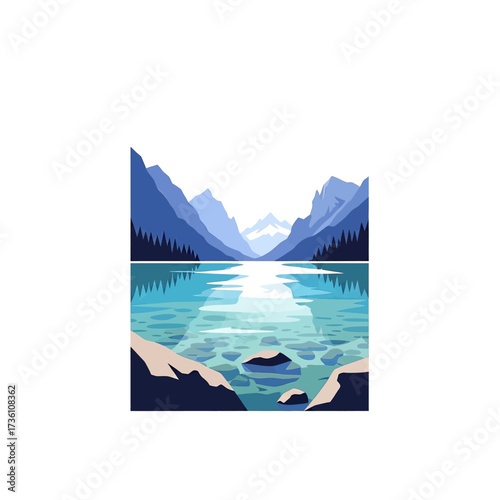 A tranquil mountain landscape with a crystal clear lake reflecting distant peaks and a pine forest in a minimalist vector style.