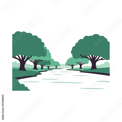 A serene river flows through a lush green forest with large trees lining its banks.