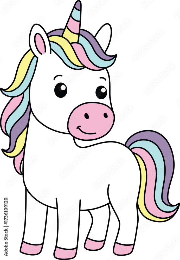 Fototapeta premium Adorable Cartoon Magical Unicorn Isolated White Background.cdr