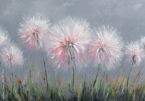 A delicate painting of dandelion blossoms, with soft pink and white hues, set against a muted grey backdrop, creating a serene and whimsical mood.