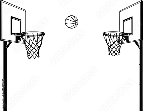Basketball Hoop Silhouette Vector Featuring Two Facing Nets and Ball in Mid-Air Motion in Black and White Line Art Style