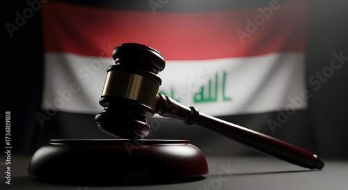 Gavel and iraqi flag symbolizing justice and law in iraq