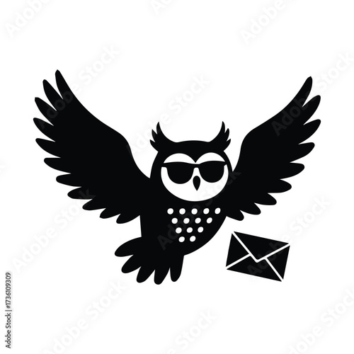 Cool owl wearing sunglasses flies with a letter delivering a message swiftly silhouette