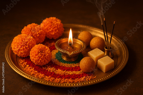 Traditional Diwali Puja Thali with Oil Lamp, Marigold Flowers, Sweets, Rangoli, and Incense Sticks on Festive Background
