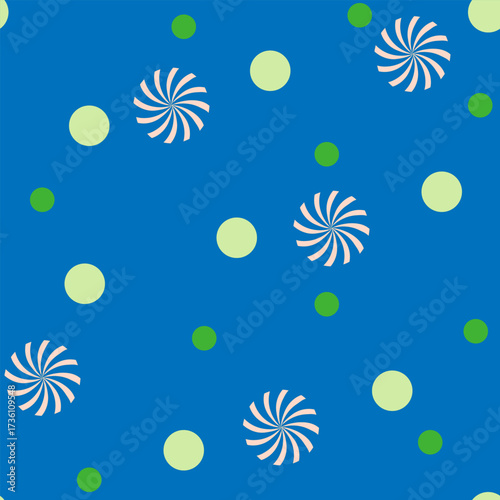 Polka dot and spiral on blue seamless pattern