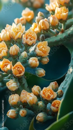 A close-up of a flowering cactus, with vibrant yellow blooms against green pads