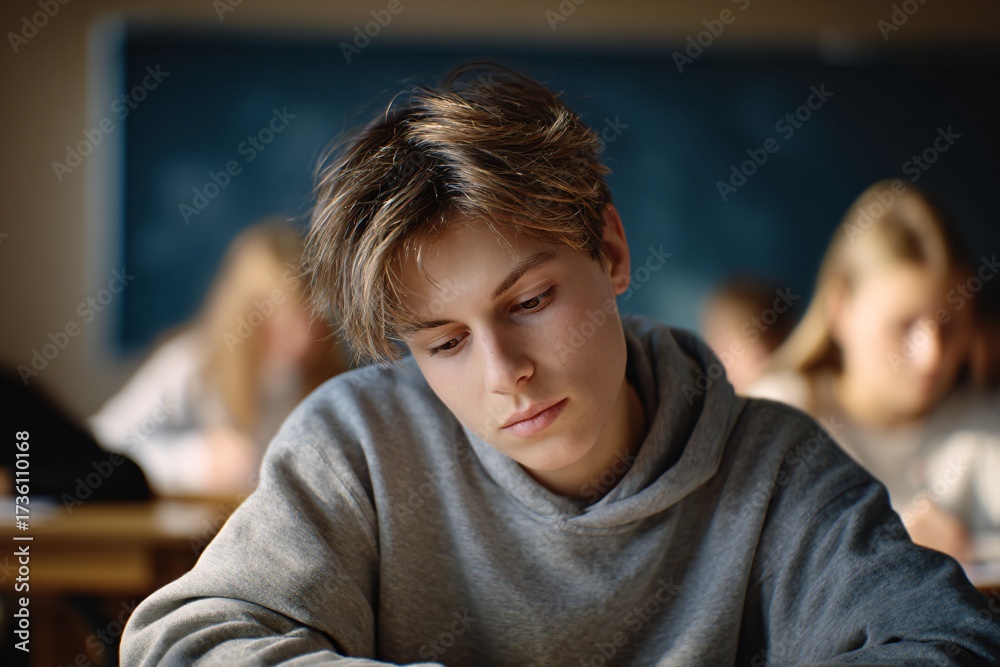 Fototapeta premium Teenage Boy Concentrating in Classroom During a Challenging School Exam