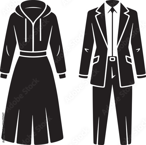 Black Silhouette Icons of a Women's Dress and a Men's Suit clothing fashion