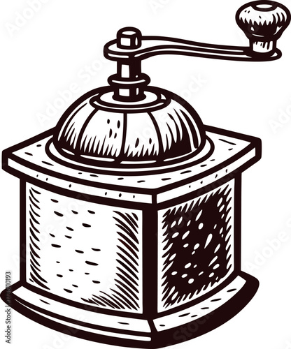 Hand drawn vintage manual coffee grinder with handle retro engraving illustration of wooden kitchen utensil isolated on white