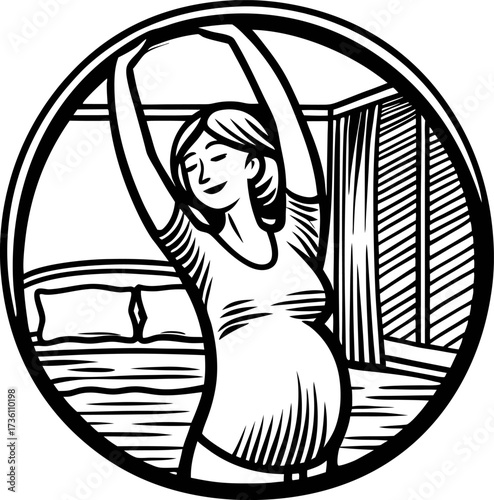 Smiling pregnant woman stretching in morning sunlight inside cozy bedroom, vintage hand drawn engraving illustration