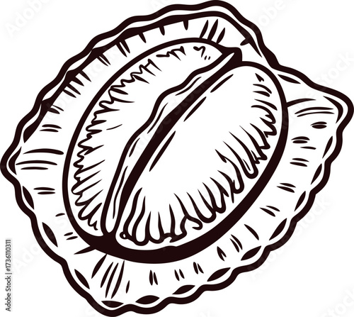 Hand drawn illustration of a traditional meat empanada with crimped edges in vintage engraving