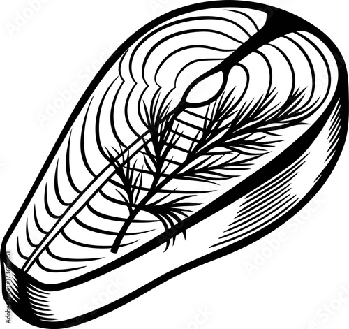Engraved illustration of a fresh salmon steak piece with bone and detailed texture in black and white